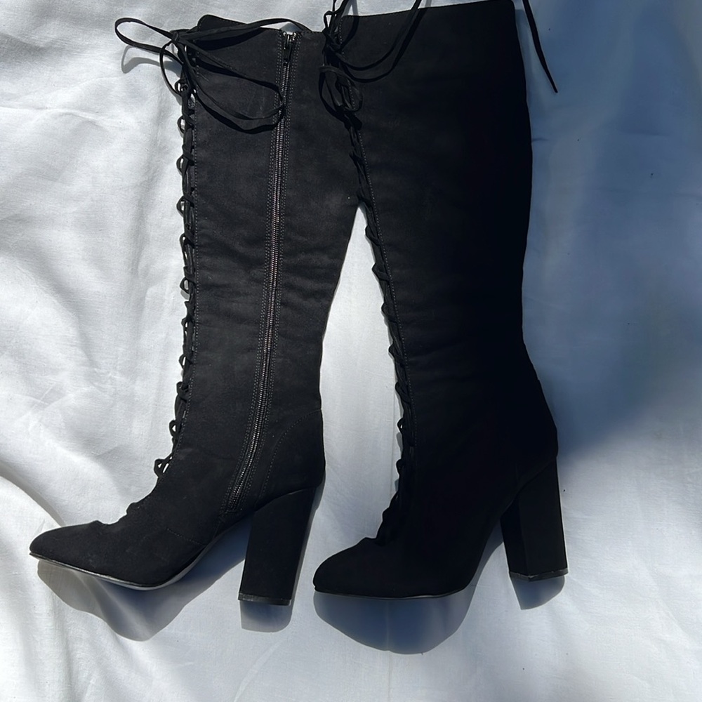 Lace-up Faux Suede Black Knee High Boots Size 7